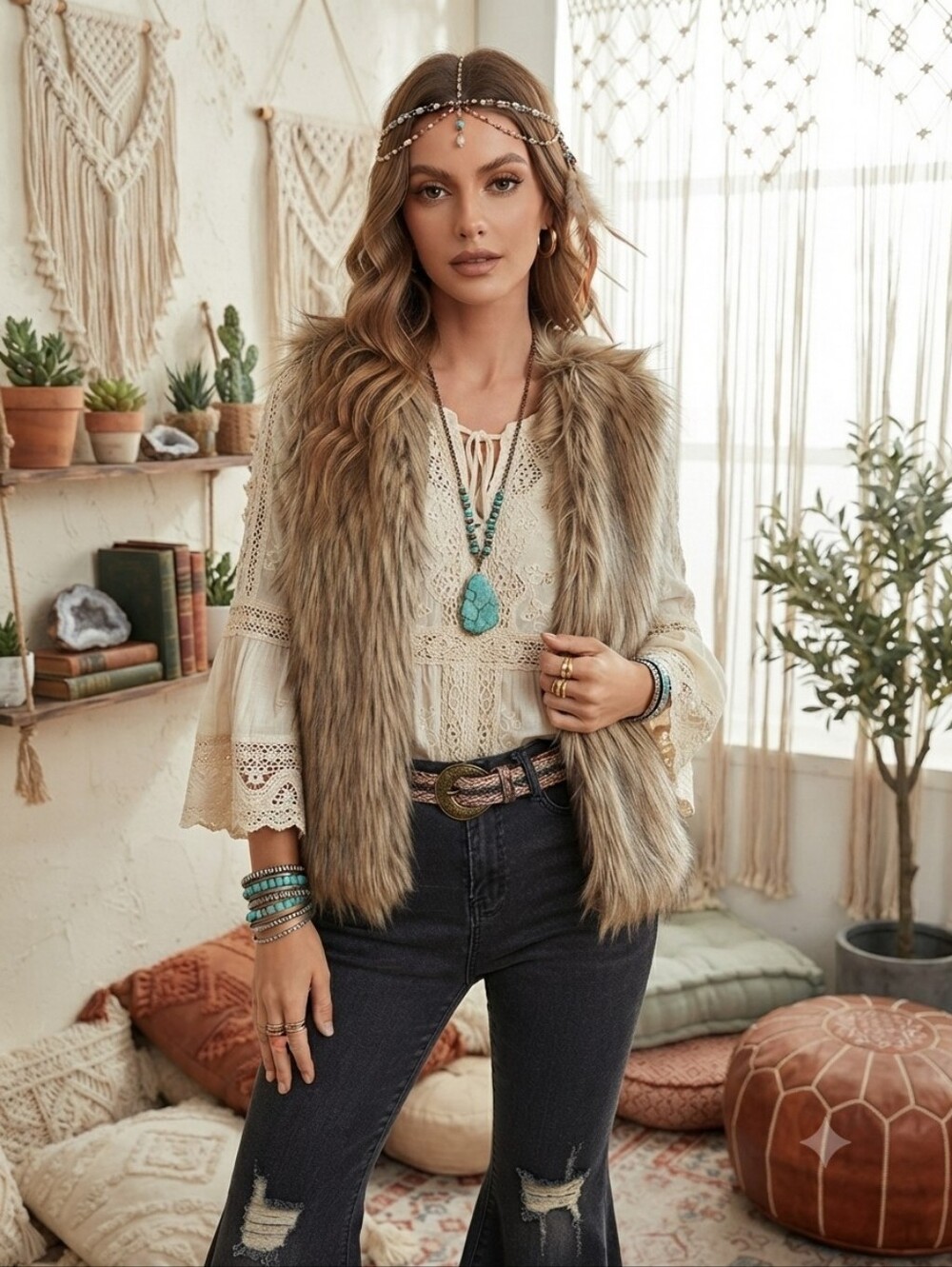Urban Outfitters Ecote Shaggy Boho Faux Fur Vest Size Sm Lined Multi-tonal